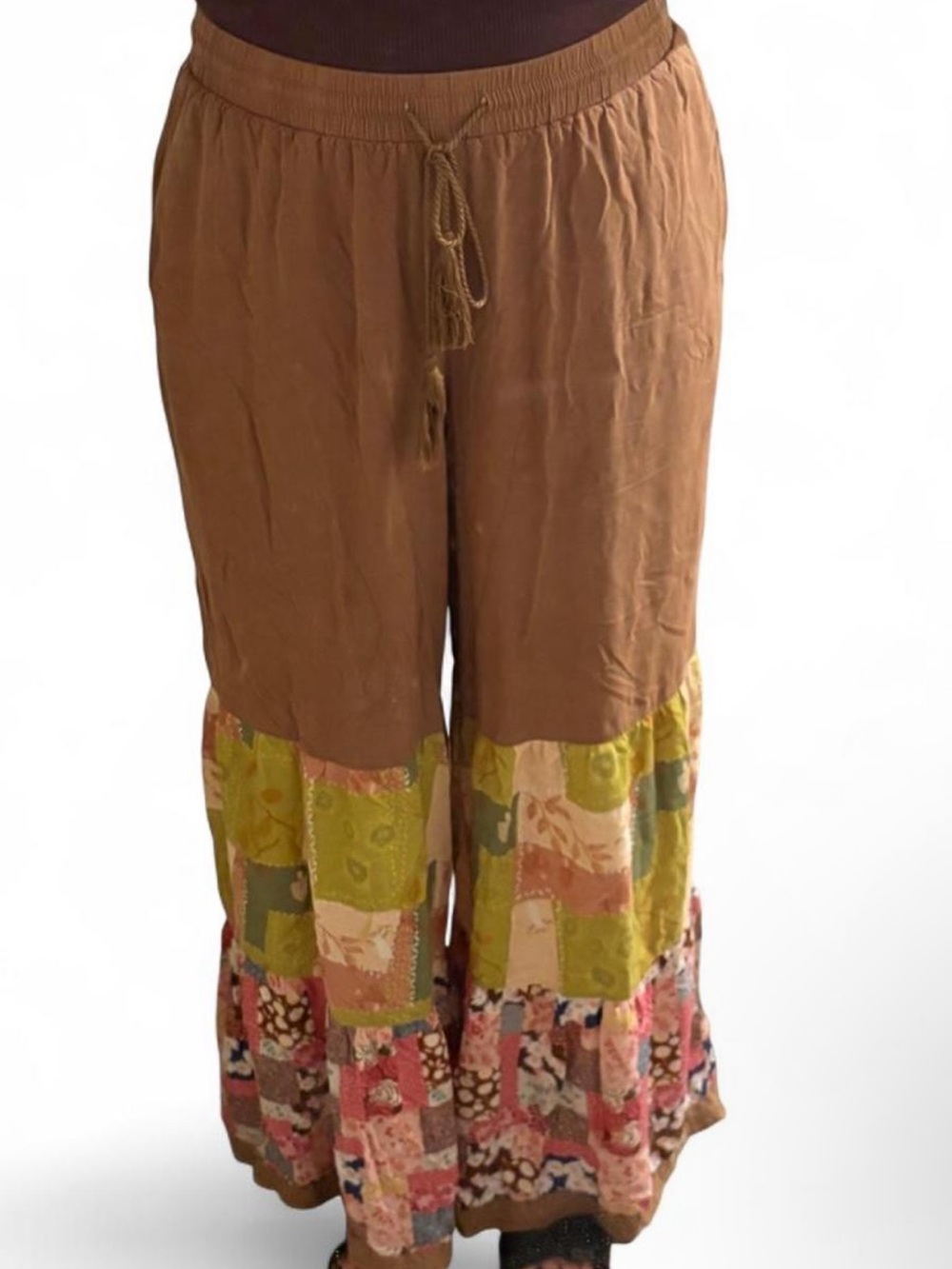 easel Brown Wide-Leg Pants with Patchwork Hem
